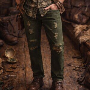 Copper Rivet Dark Olive Green Destroyed Denim Straight Style Jeans Size 36/34